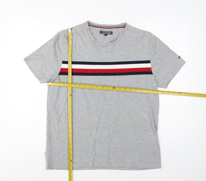 Tommy Hilfiger Men Grey L V-Neck Stripe Logo T-Shirt