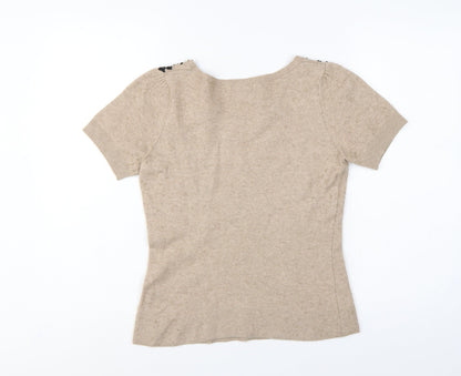 Monsoon Women Beige Floral Appliqué Knit Jumper Size 12 Short Sleeve