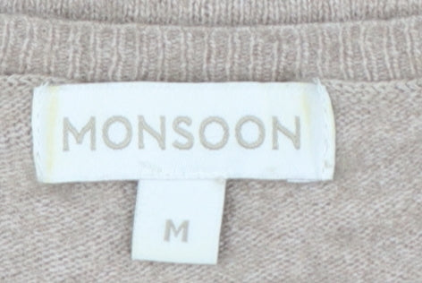 Monsoon Women Beige Floral Appliqué Knit Jumper Size 12 Short Sleeve