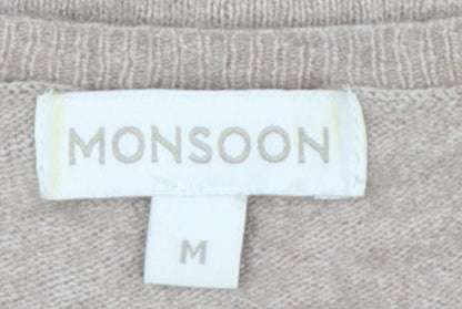 Monsoon Women Beige Floral Appliqué Knit Jumper Size 12 Short Sleeve