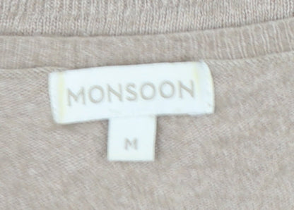 Monsoon Women Beige Floral Appliqué Knit Jumper Size 12 Short Sleeve
