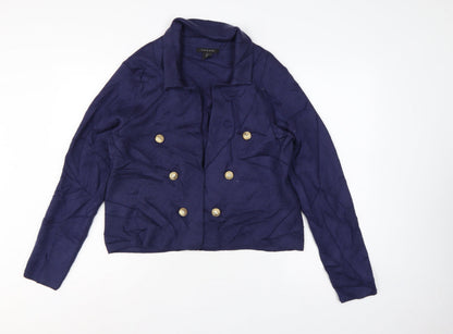 Tahari Women Blue L Double-Breasted Collared Knit Cardigan Gold Buttons