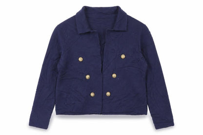 Tahari Women Blue L Double-Breasted Collared Knit Cardigan Gold Buttons