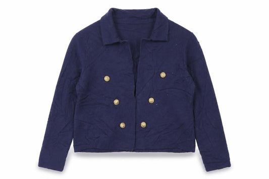 Tahari Women Blue L Double-Breasted Collared Knit Cardigan Gold Buttons