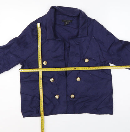 Tahari Women Blue L Double-Breasted Collared Knit Cardigan Gold Buttons