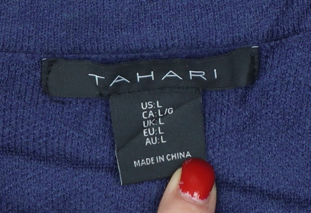 Tahari Women Blue L Double-Breasted Collared Knit Cardigan Gold Buttons