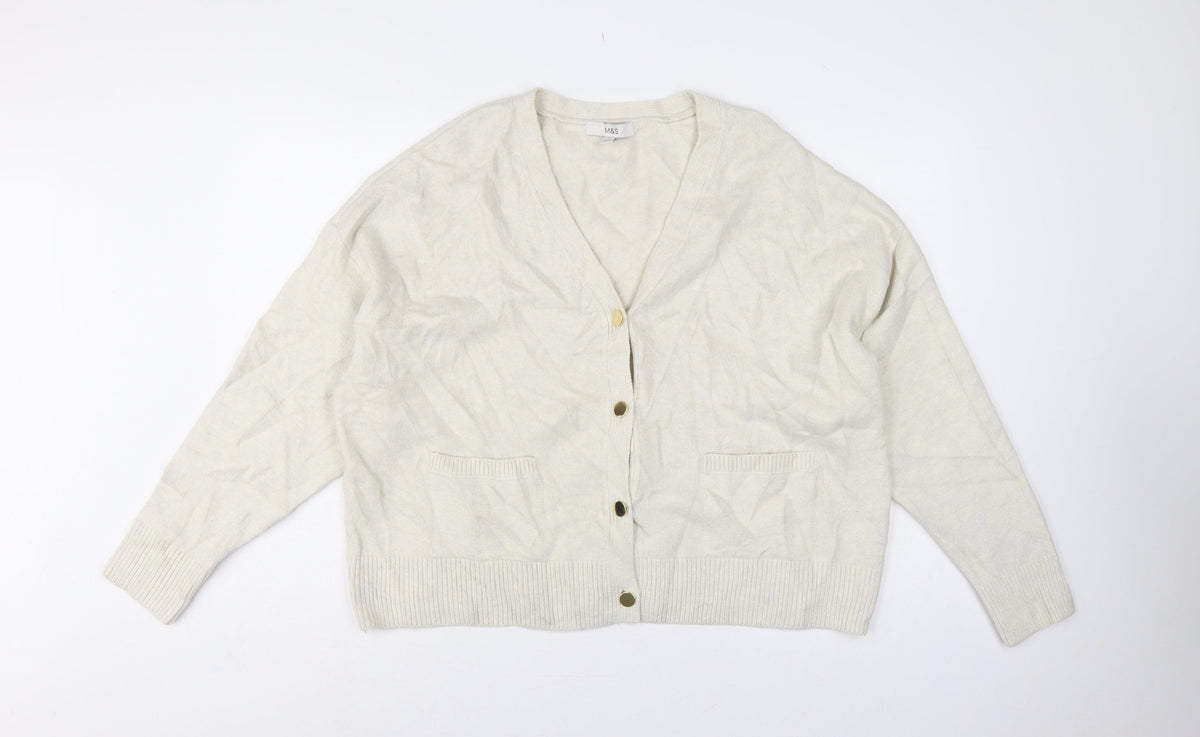 Marks and Spencer Women Ivory L V-Neck Button Pocket Cardigan