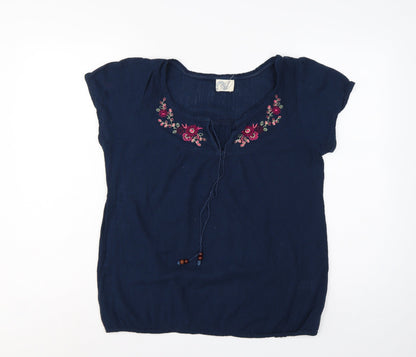 Bhs Women’s Navy Blue Size 14 Embroidered Cap Sleeve Tie Blouse