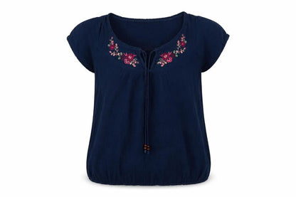 Bhs Women’s Navy Blue Size 14 Embroidered Cap Sleeve Tie Blouse