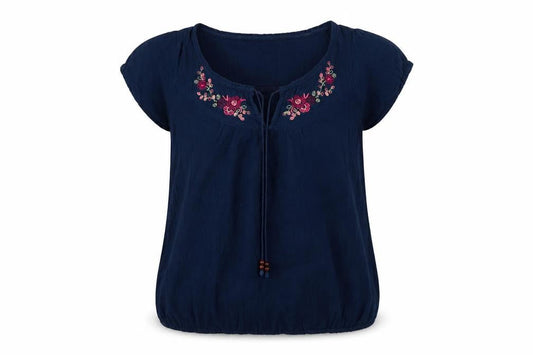 Bhs Women’s Navy Blue Size 14 Embroidered Cap Sleeve Tie Blouse