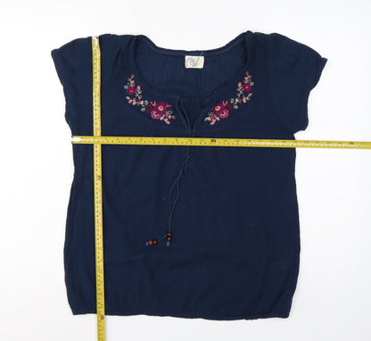 Bhs Women’s Navy Blue Size 14 Embroidered Cap Sleeve Tie Blouse