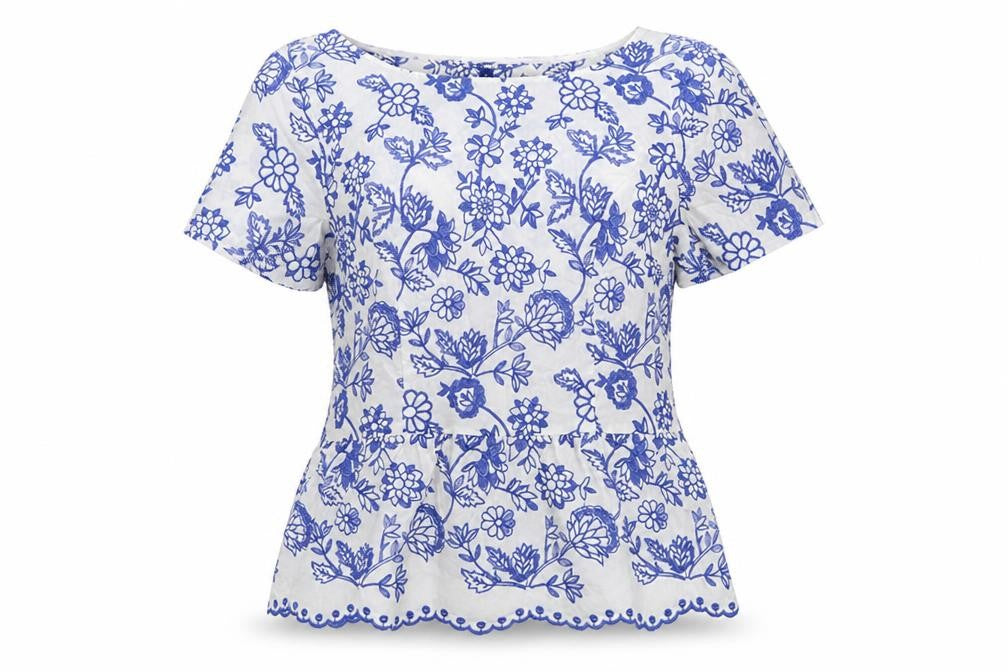 Talbots Women White Blue Floral Embroidered Cotton Tunic Blouse UK 12