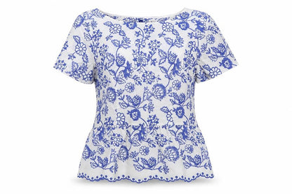 Talbots Women White Blue Floral Embroidered Cotton Tunic Blouse UK 12