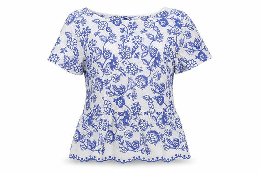 Talbots Women White Blue Floral Embroidered Cotton Tunic Blouse UK 12