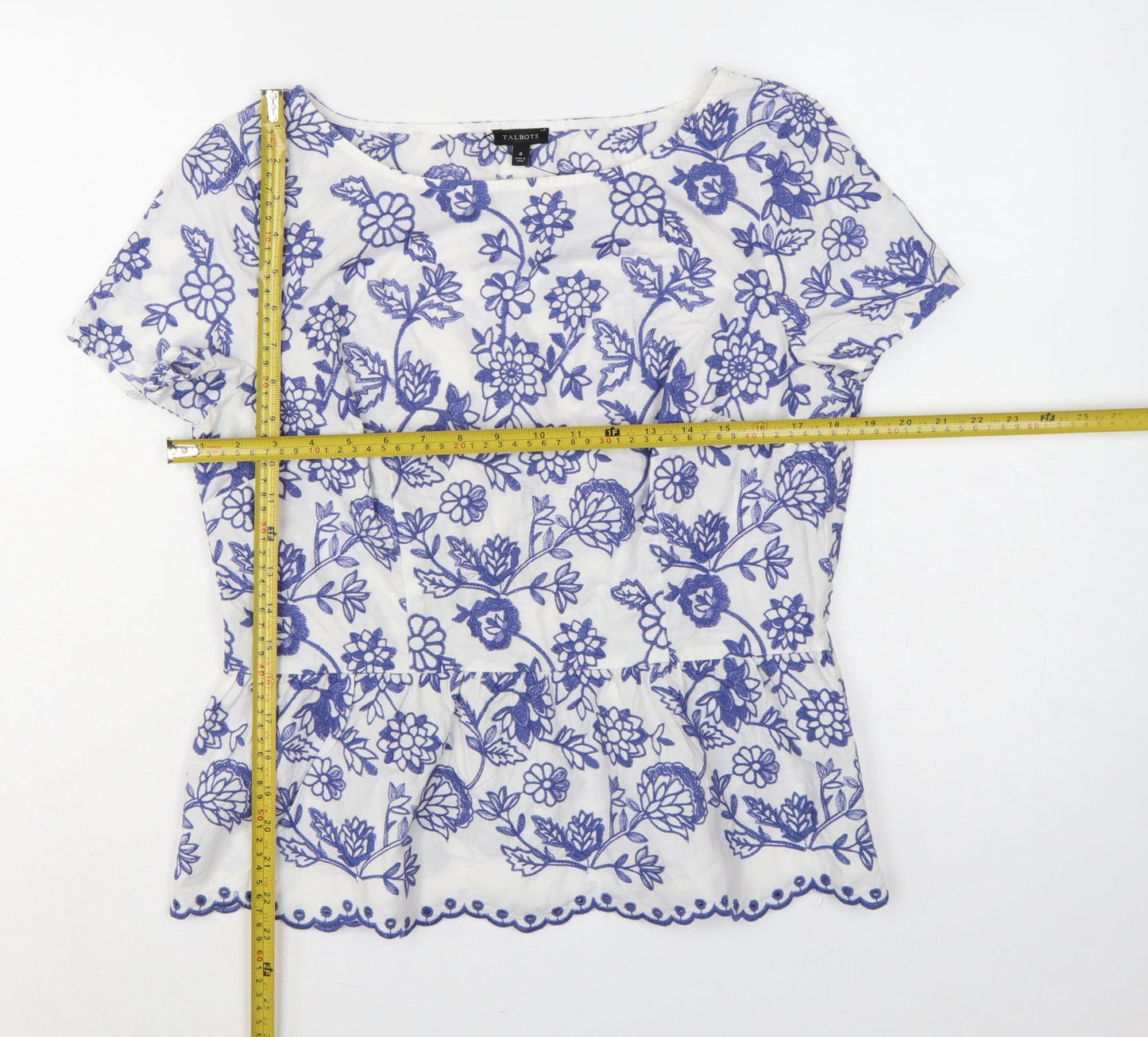 Talbots Women White Blue Floral Embroidered Cotton Tunic Blouse UK 12