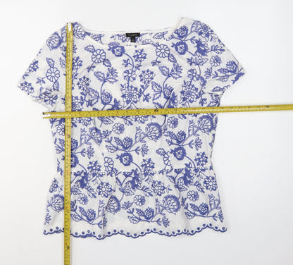 Talbots Women White Blue Floral Embroidered Cotton Tunic Blouse UK 12