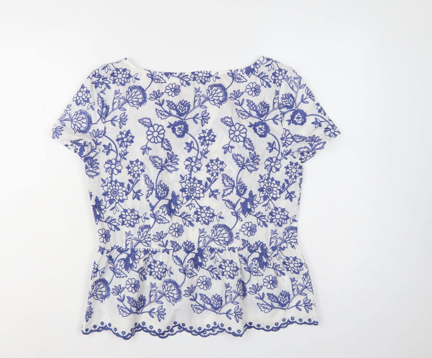 Talbots Women White Blue Floral Embroidered Cotton Tunic Blouse UK 12