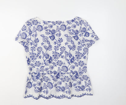 Talbots Women White Blue Floral Embroidered Cotton Tunic Blouse UK 12