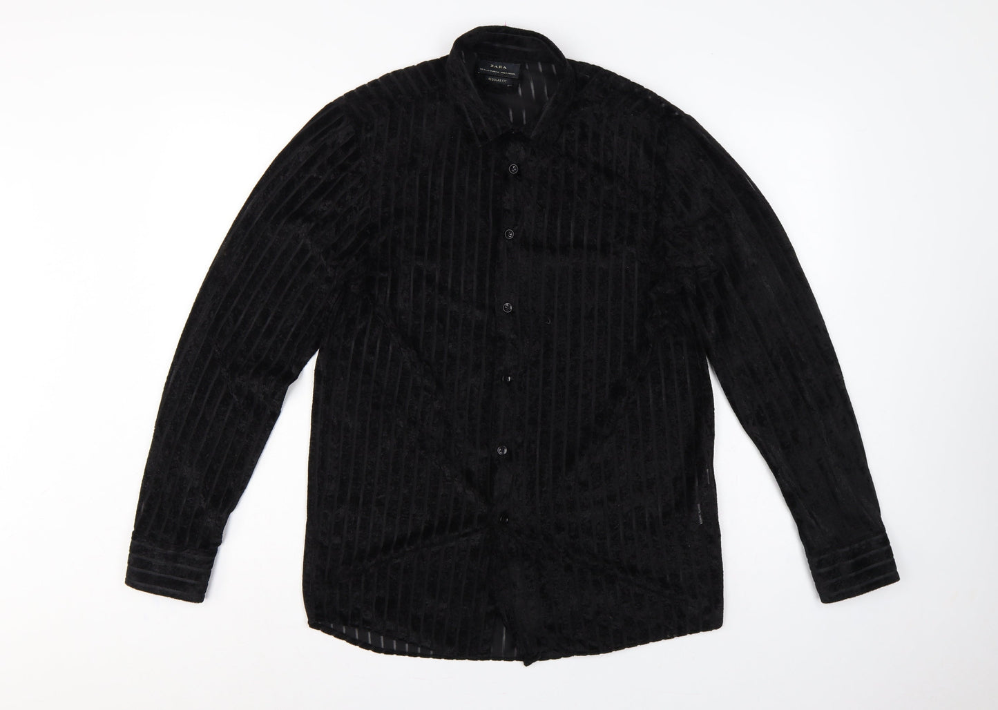 Zara Unisex Black M Velvet Stripe Button-Up Shirt Regular Fit