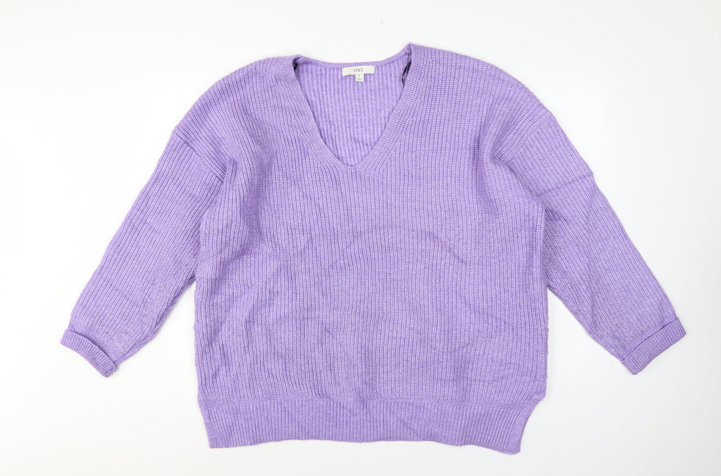 Marks and Spencer Women Purple XL V-Neck Rib Knit Relaxed Jumper