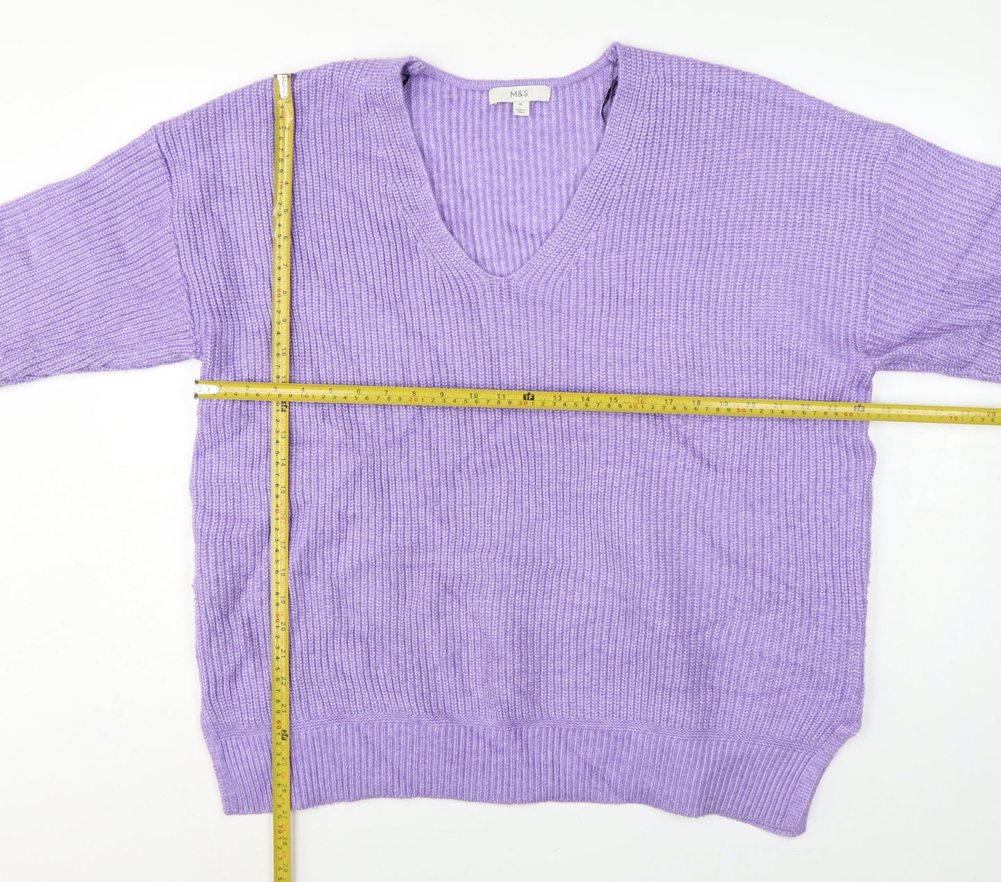 Marks and Spencer Women Purple XL V-Neck Rib Knit Relaxed Jumper