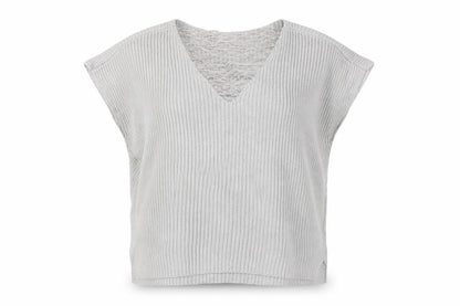 Front view of Linea Weekend Women Grey M Fringe V-Neck Ribbed Knit Tunic Jumper