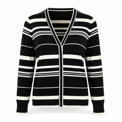 Marks & Spencer Women Black Stripe V-Neck Cotton Cardigan UK 16