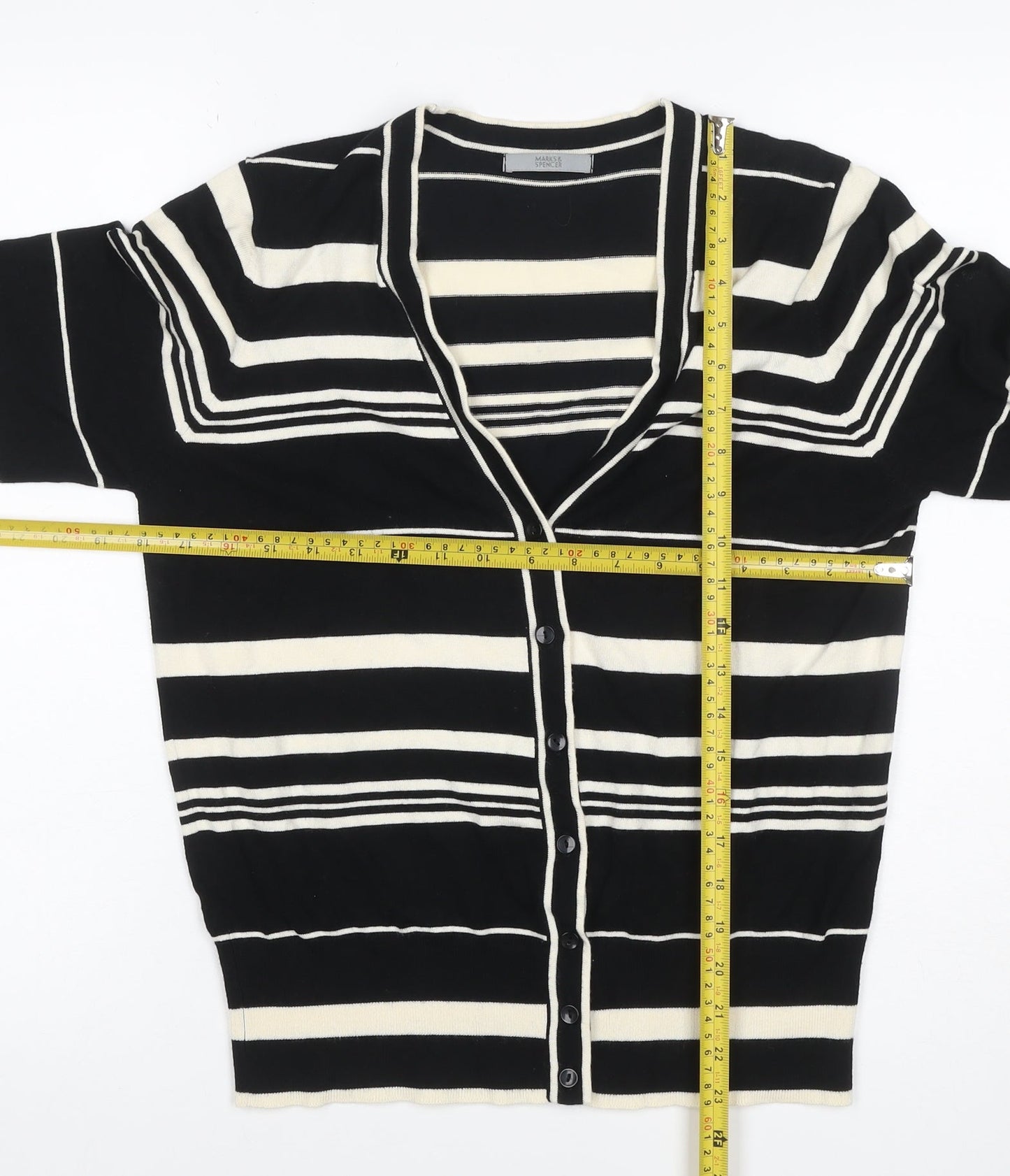 Marks & Spencer Women Black Stripe V-Neck Cotton Cardigan UK 16