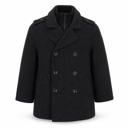 Front view of Gap Kids boys’ black 6-7 years pea coat double-breasted wool blend