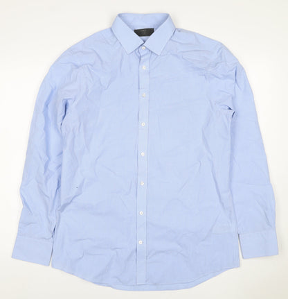 Marks & Spencer Men's Blue 16 Slim Cotton Check Long Sleeve Shirt