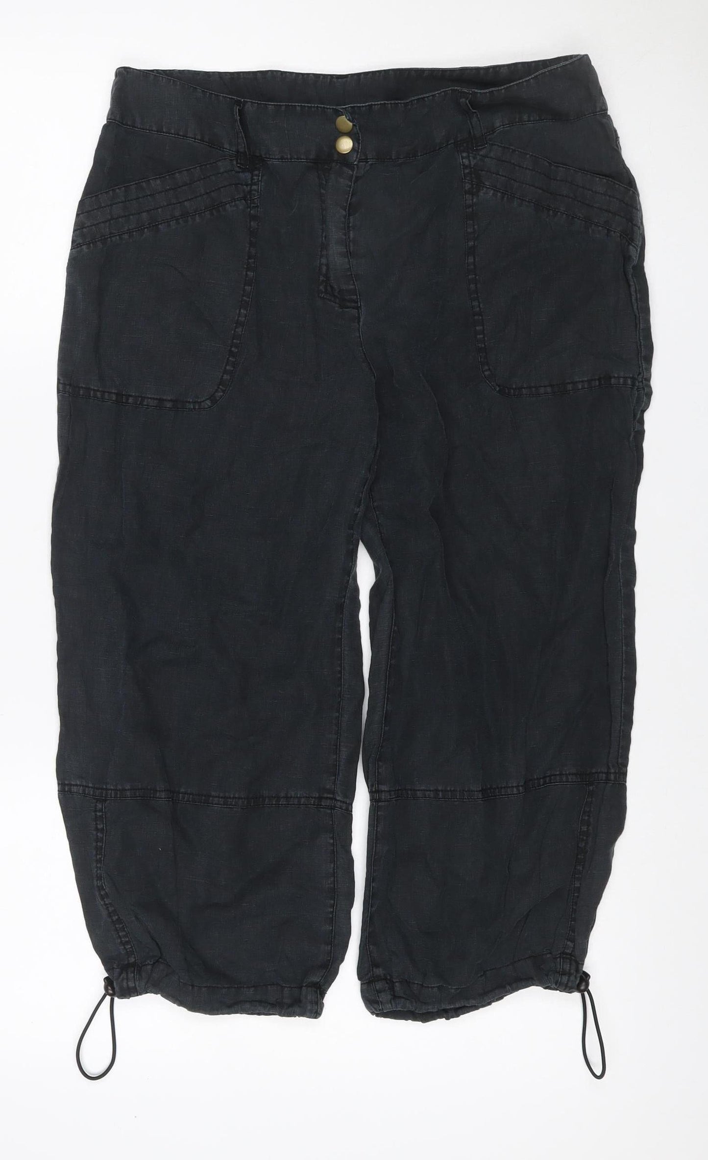 Next Women’s Black Linen Cargo Trousers Petite UK 14 Drawstring