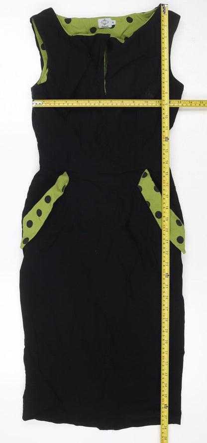 Cappuccini Women Black Green Polka Dot Shift Dress Size M Stretch