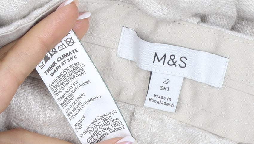 Marks and Spencer Women Beige Linen Blend Straight Trousers UK 22 Short