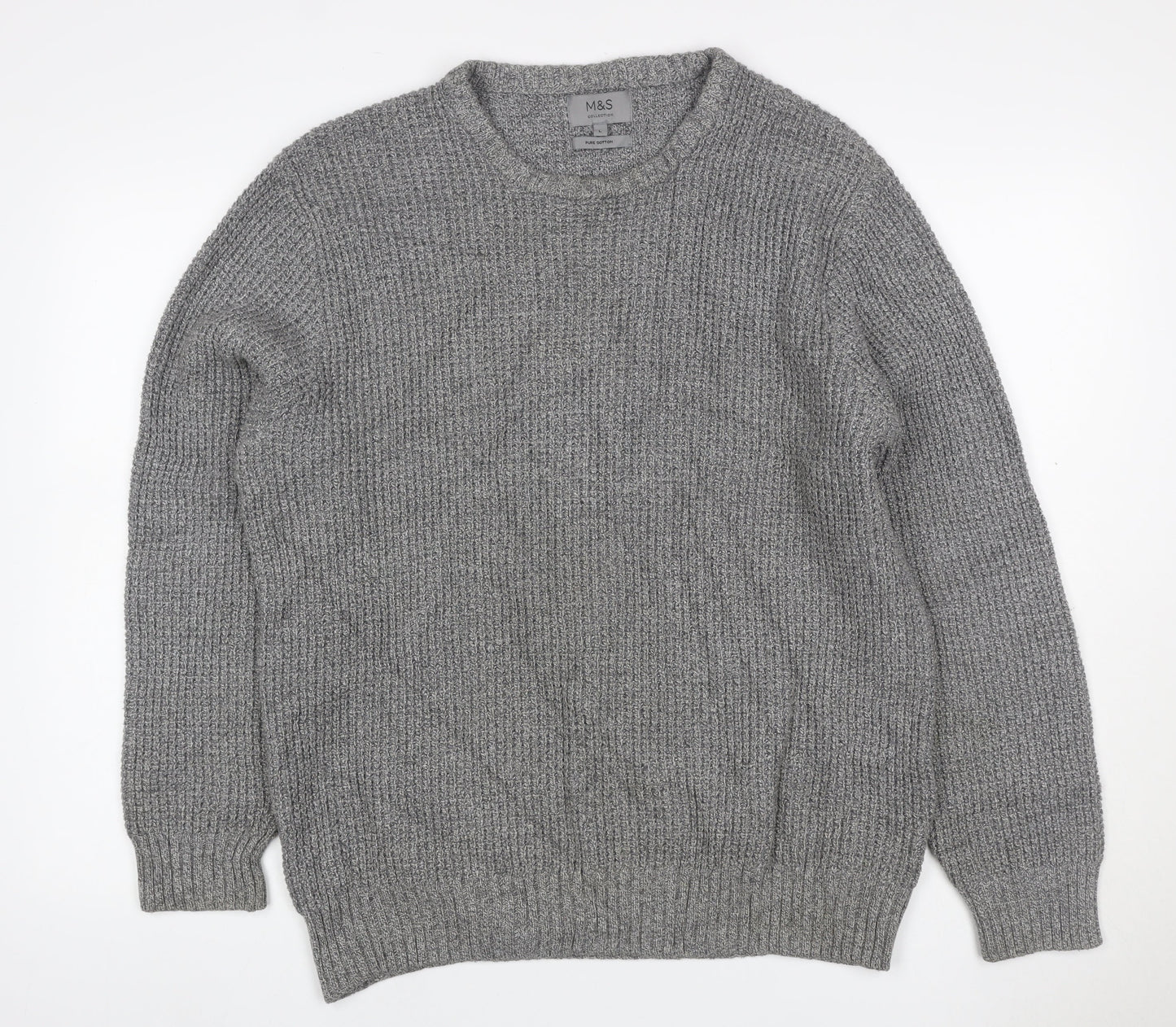 Marks and Spencer Men's Grey L Pure Cotton Rib Knit Crew Neck Jumper