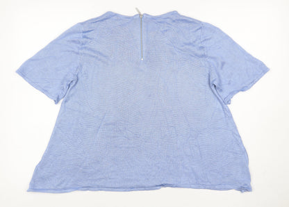 M&S Per Una Women Blue UK 14 Modal Knit Short Sleeve Zip Top