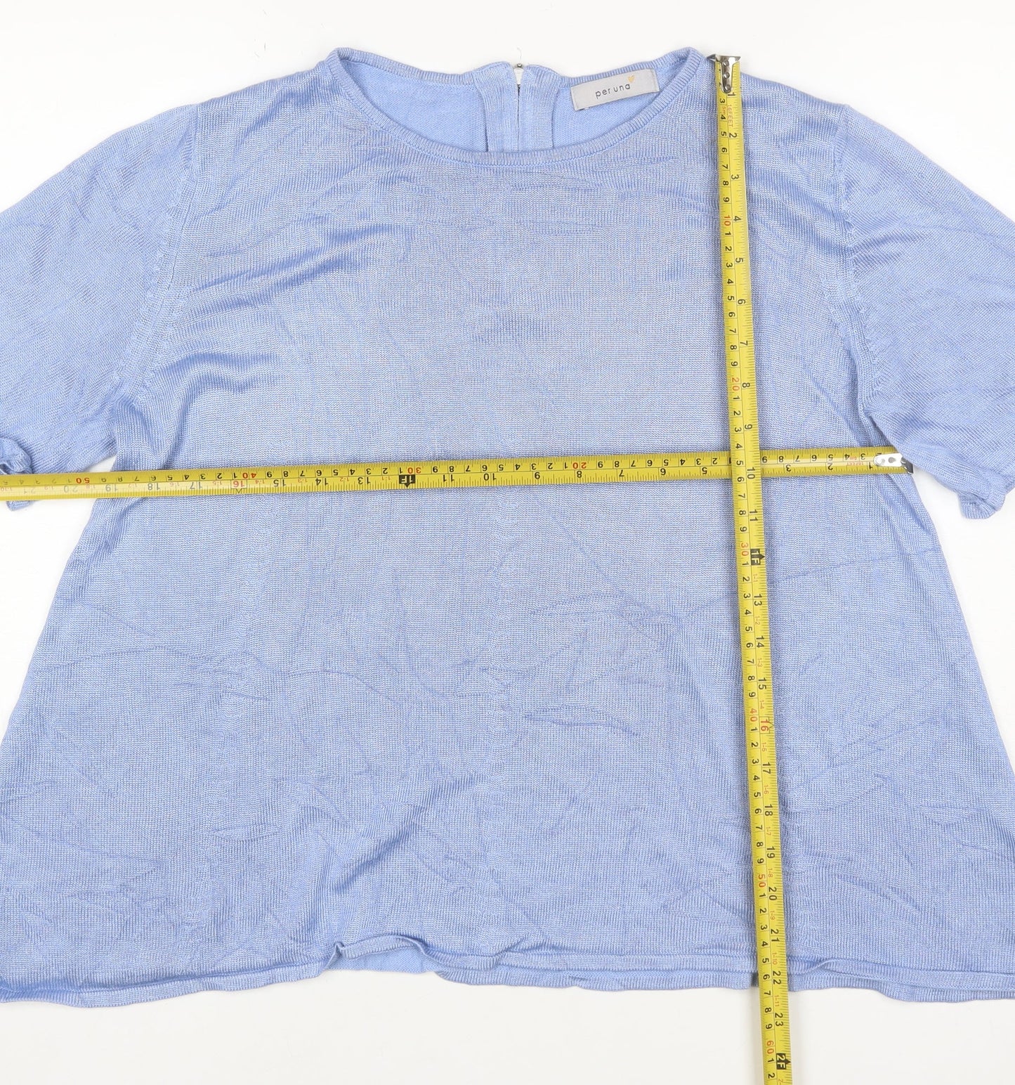 M&S Per Una Women Blue UK 14 Modal Knit Short Sleeve Zip Top