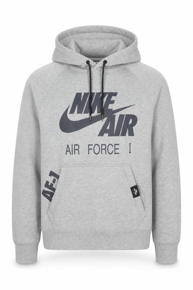 Front view of Nike Air Force 1 unisex kids grey pullover hoodie s logo