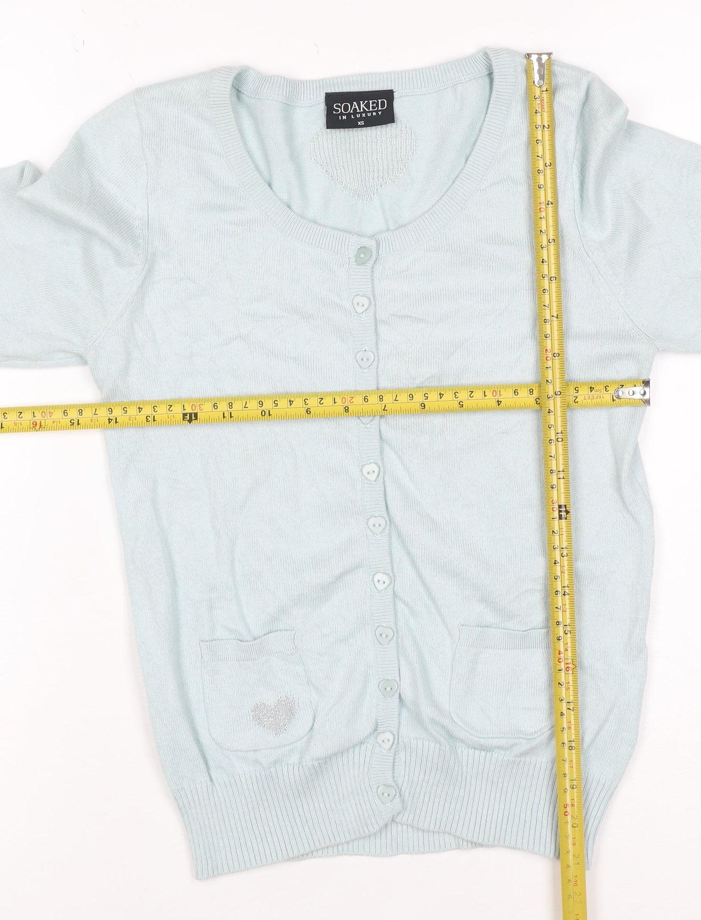 Soaked in Luxury Women Blue XS Heart Button Knit Cardigan