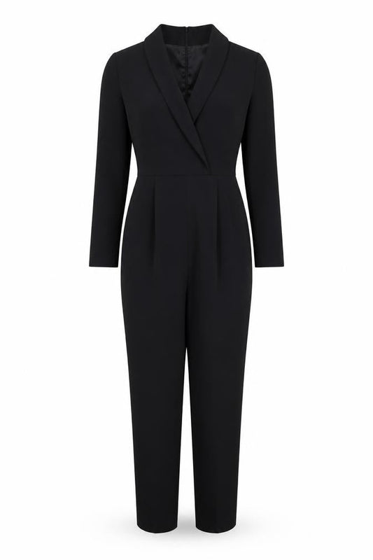 H&M Women Black UK 6 Long Sleeve V-Neck Tailored Straight Leg Jumpsuit