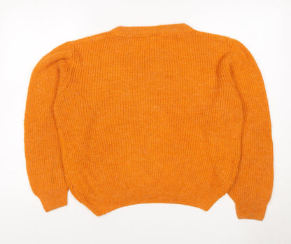 ICHI Women's Orange S Rib Knit Crew Neck Raglan Jumper