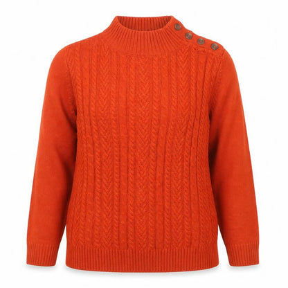 Isle Essentials Women Orange S Cable Knit Mock Neck Button Jumper
