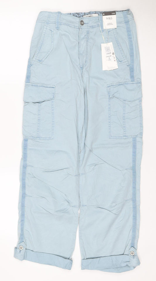 Marks & Spencer Women Blue Size 8 Long Cargo Cropped Trousers