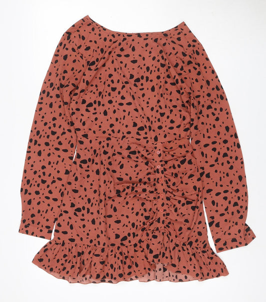 Additional front view of Missguided Women Orange Animal Print Skater Dress UK 6 Long Sleeve