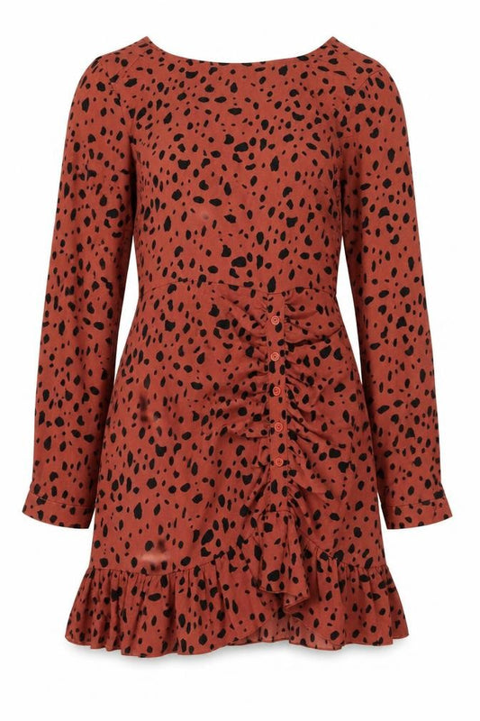 Front view of Missguided Women Orange Animal Print Skater Dress UK 6 Long Sleeve