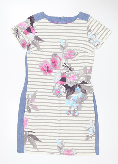 Joules Women Blue Floral Stripe Linen Blend Shift Dress UK 10