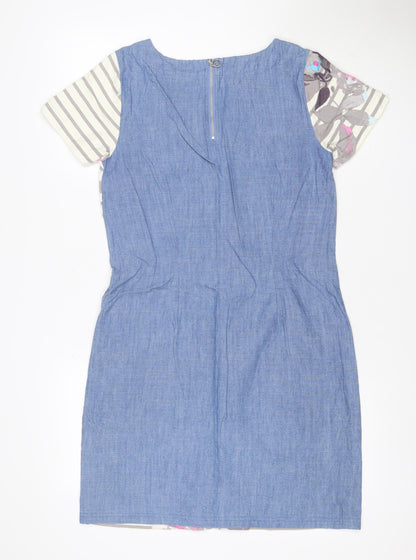 Joules Women Blue Floral Stripe Linen Blend Shift Dress UK 10