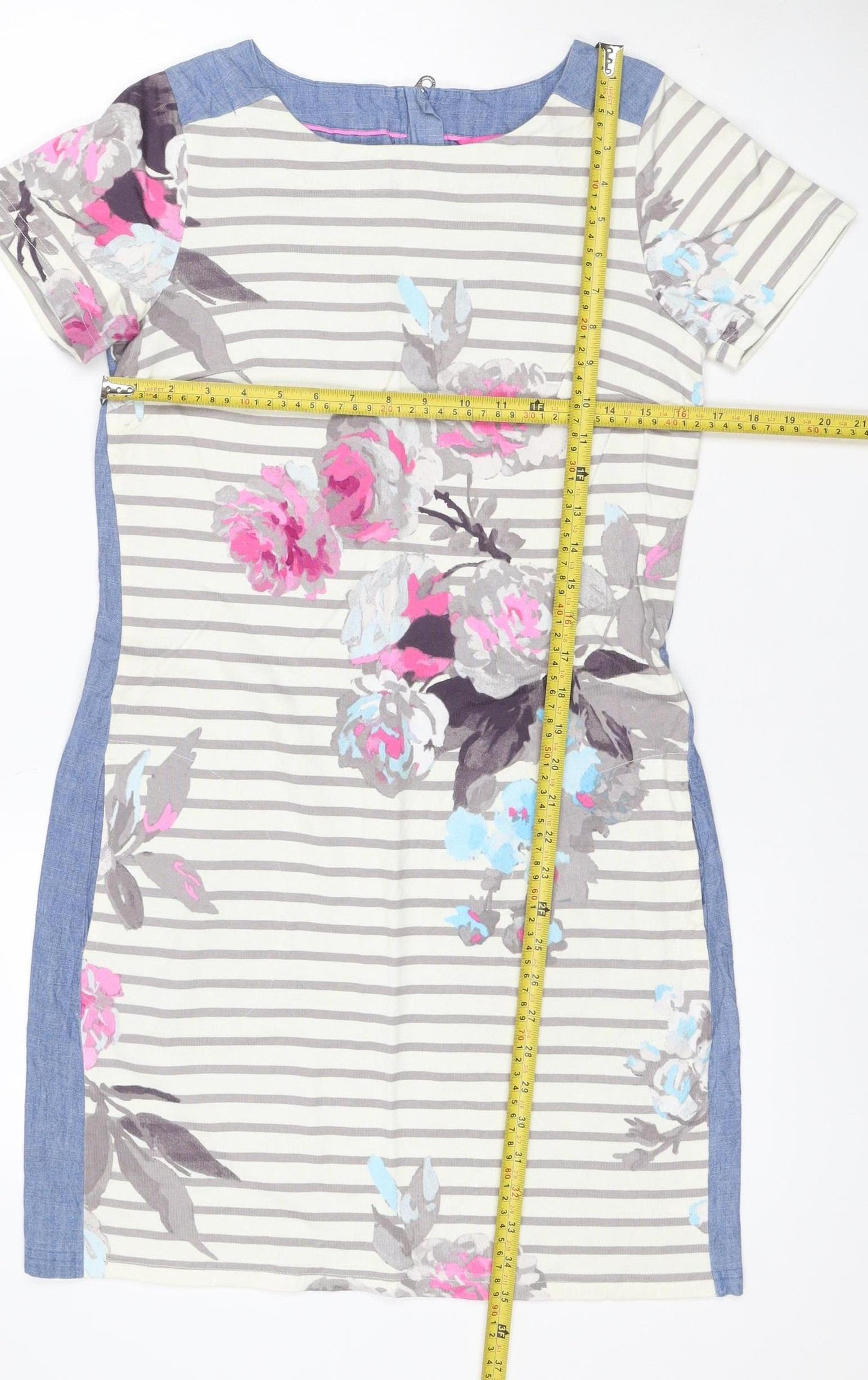 Joules Women Blue Floral Stripe Linen Blend Shift Dress UK 10