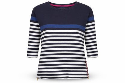 Joules Women Blue UK 14 Striped 3/4 Sleeve Cotton T-Shirt Zip