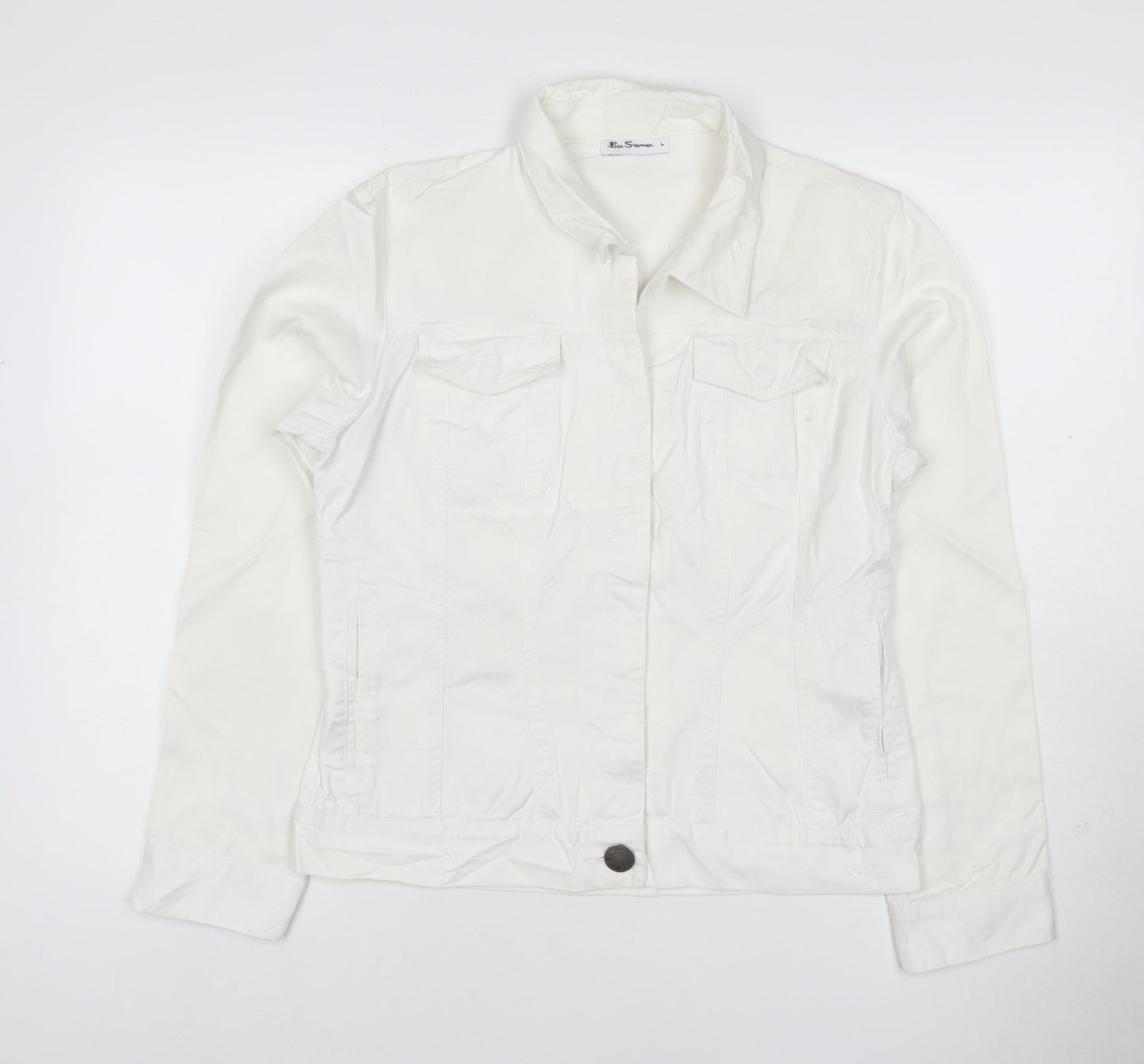 Ben Sherman Women White L Basic Cotton Jacket Collared Pockets