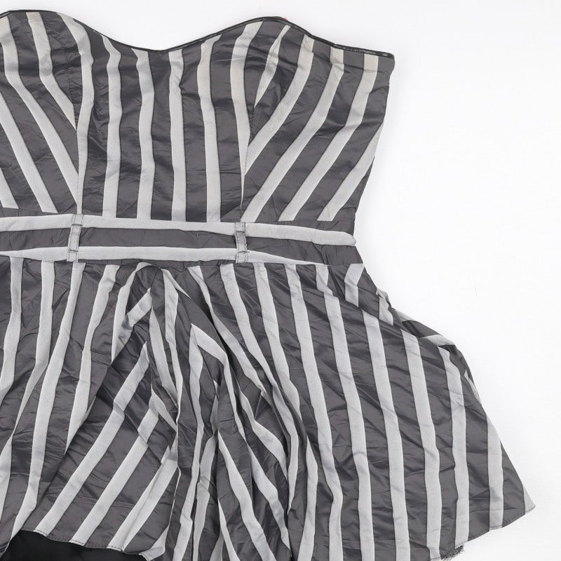 River Island Women Black Grey Stripe Strapless Fit & Flare Dress UK 12